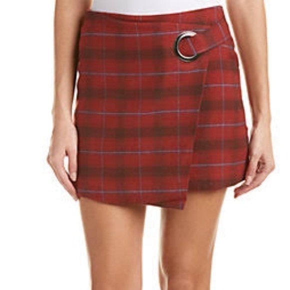 FREE PEOPLE Tessa Red Plaid Faux Wrap Mini Skirt Size 0 - Picture 12 of 14